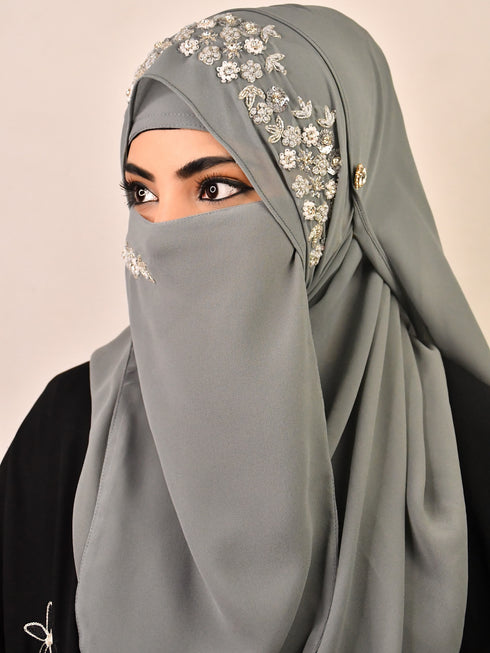 Grey luxury bridal wedding wear hijab scarf with handwork naqab