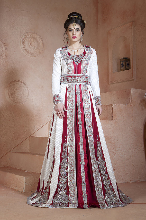 Off white and maroon embroidered & handmade moroccan wedding long sleeve dress kaftan