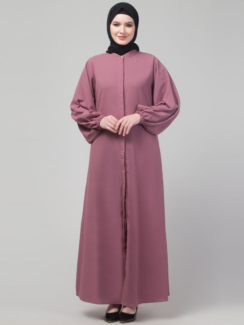 Mauve matte nida abaya with placket elastic sleeve and hijab
