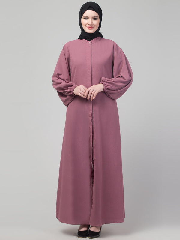 Mauve matte nida abaya with placket elastic sleeve and hijab