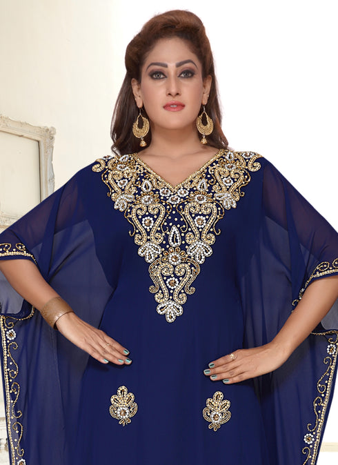 Blue embroidered georgette islamic-kaftans With Sun-proof hijab.