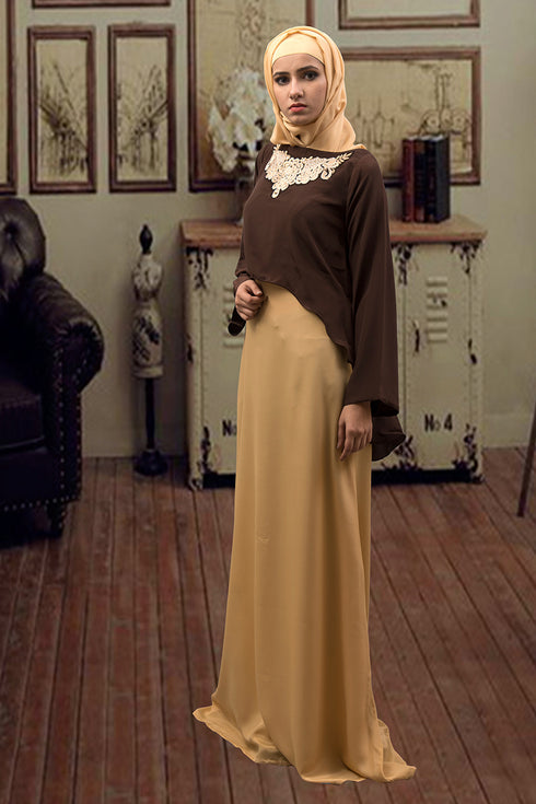 Brown Crepe Embroidered Kaftan Dress