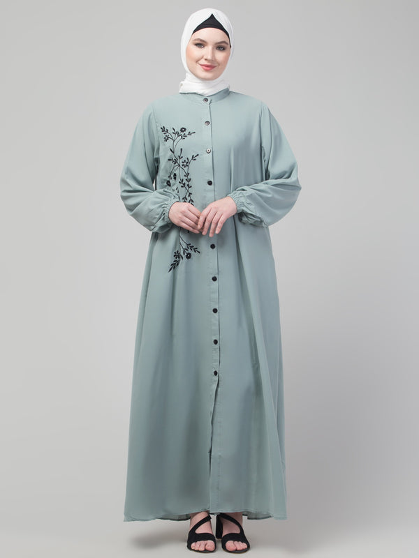 Thread embroidery abaya with placket elastic sleeve and hijab
