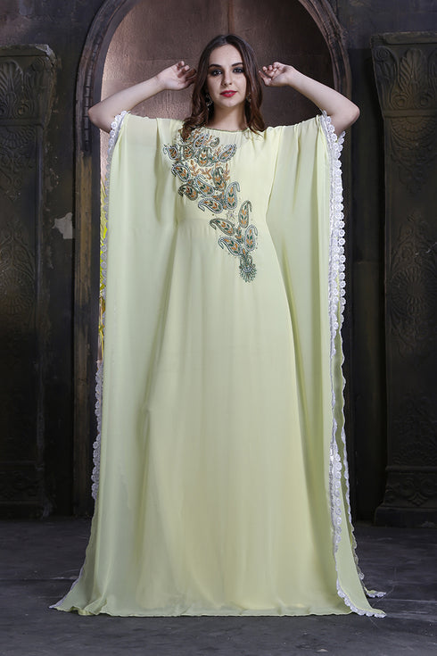 Chic lemon yellow trendy hand beaded dress crafted kaftan