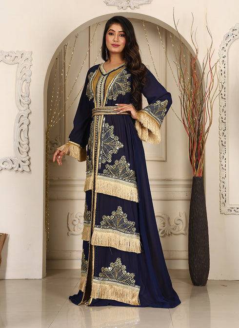 Dark blue israeli designer moroccan kaftan islamic embroidery party wear wedding kaftan