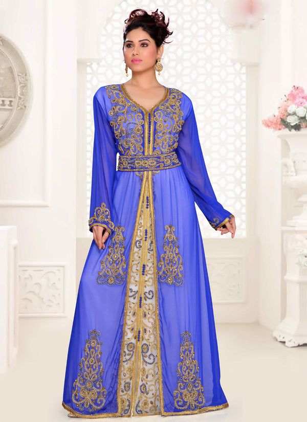 Blue embroidered georgette islamic kaftans With Sun-proof hijab.