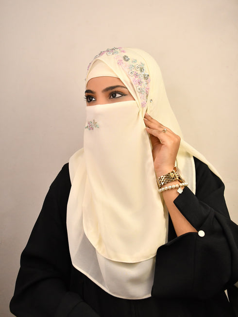 Cream luxury bridal wedding wear hijab scarf with handwork naqab