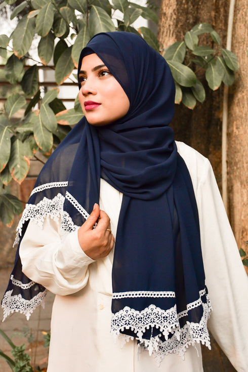 Navy Blue Georgette Hijab with Lace