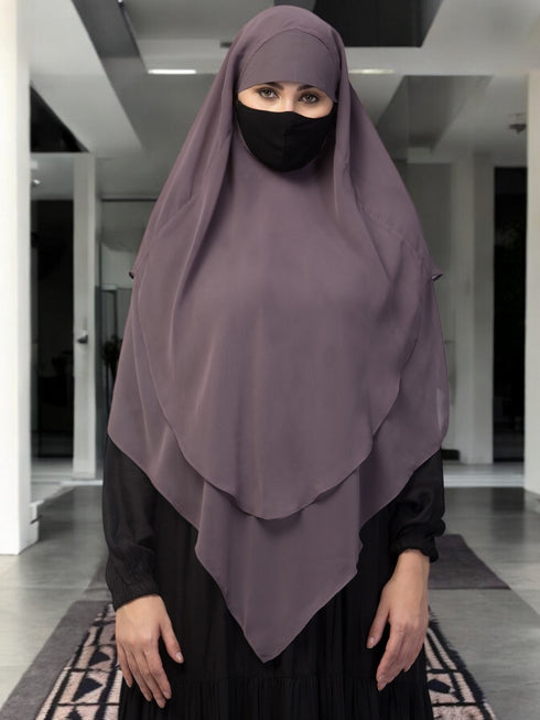 Grey multi layered triangular instant hijabkhimar in georgette