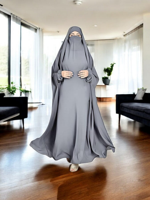 Grey full length single piece jilbab with adjustable mouthpiece