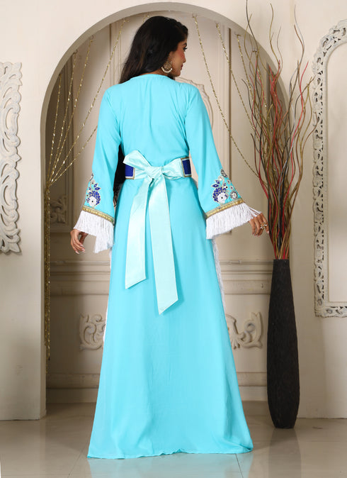 Mint green islamic designer kaftan israeli embroidery takchita party wear wedding kaftan