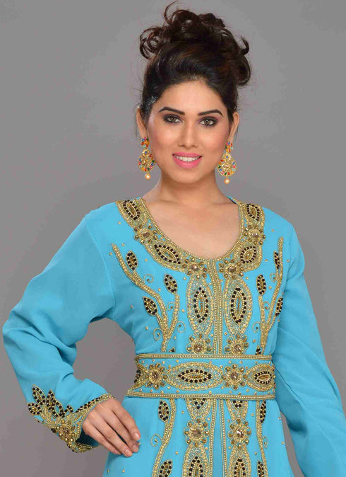 Turquoise embroidered georgette islamic kaftans With Sun-proof hijab.