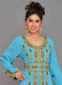 Turquoise embroidered georgette islamic kaftans With Sun-proof hijab.