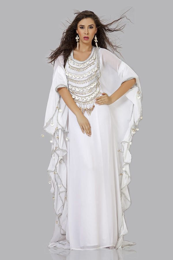 Grand White Designer Kaftan with Silver Shell & Cowrie Embellishment | Luxury Beach Wedding Wear