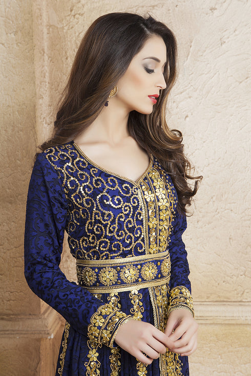 Gleaming blue party wear full sleeve black beading around the neck long sleeve kaftan