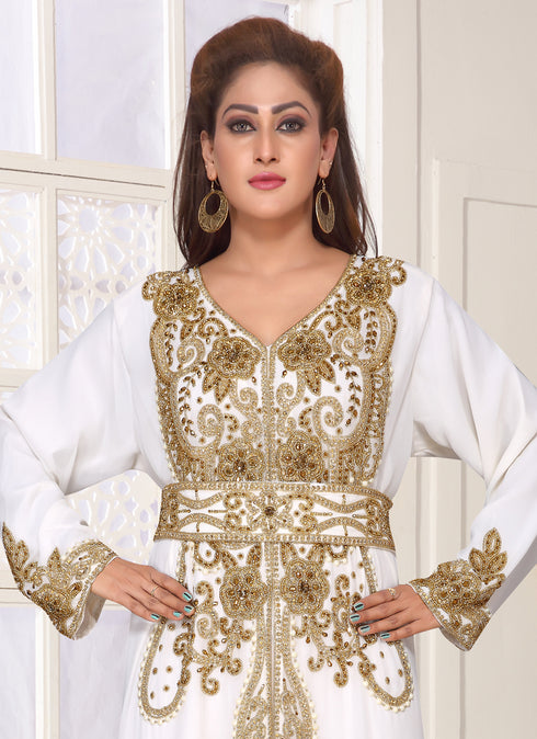 White embroidered georgette islamic-kaftans With Sun-proof hijab.