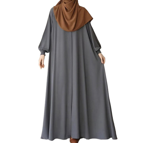 Grey front open abaya with zipper opening umbrella flare and matching belt