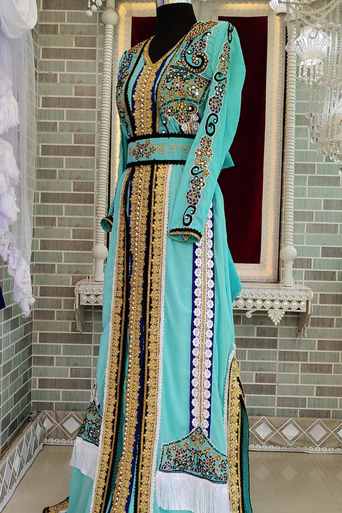 Mint firozi islamic designer embroidery kaftan israeli party wedding kaftan