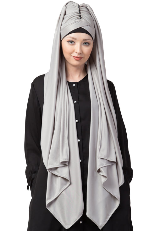 Grey Embroidered Polyester Hijab