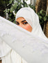 nazneen ready-to-wear hijab - white georgette with lace, faux georgette fabric