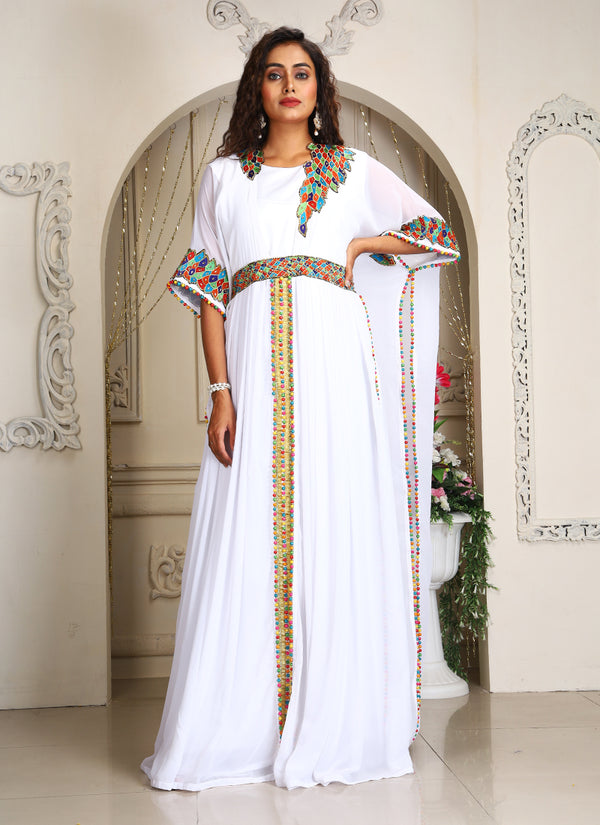 White moroccan embroidery kaftan for women dubai kaftan