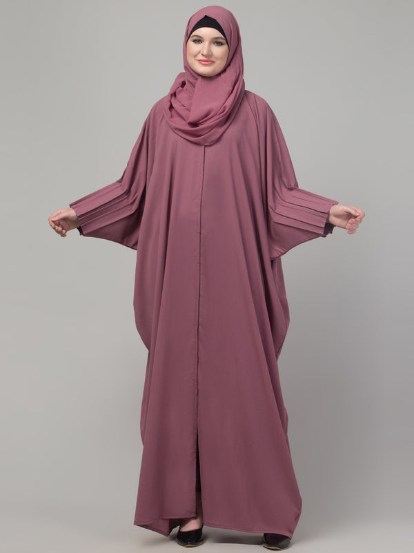 Mauve pintucks crinckled cey fabric kaftan abaya with hijab