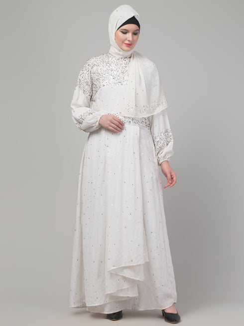 White sequins hand embroidred balloon sleeve abaya with hijab