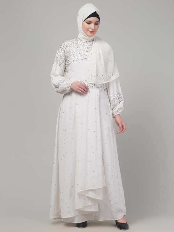 White sequins hand embroidred balloon sleeve abaya with hijab