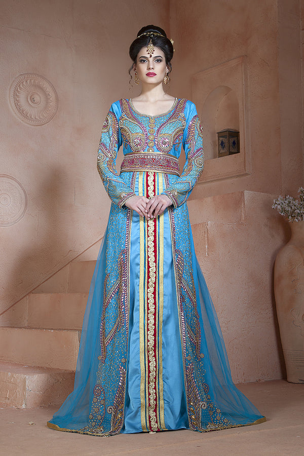Firozi and dark pink designer partywear dubai dress moroccan style arabic long sleeve wedding caftan