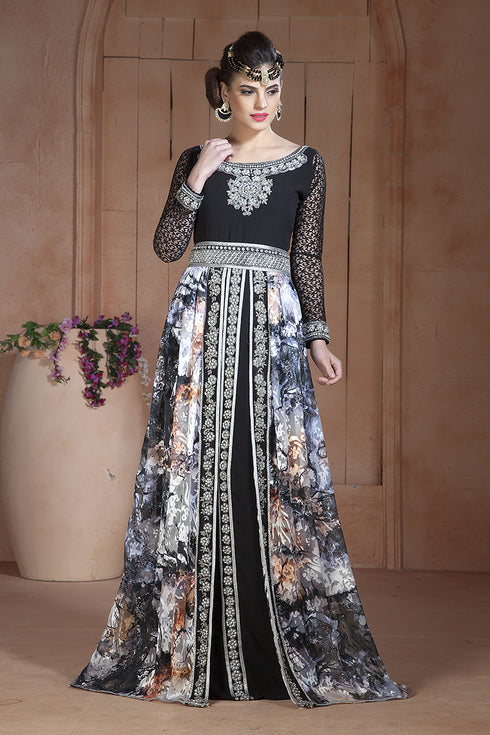 Gleaming mutil and black party wear full sleeve black beading around the neck long sleeve kaftan