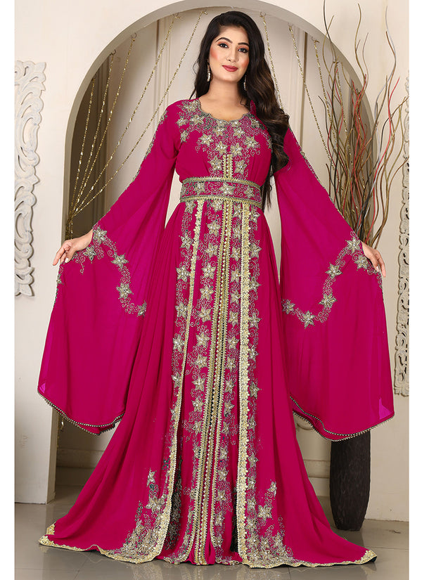 Pink islamic wedding designer arabic maxi hand beaded dubai ladies long sleeve moroccan arabic party wear kaftan