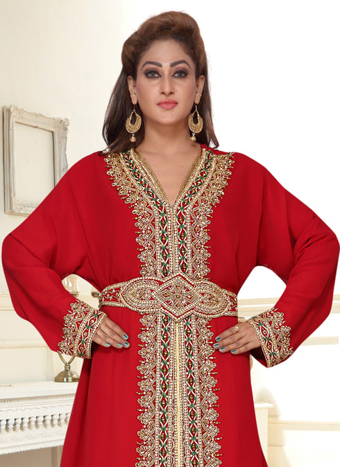 Red embroidered georgette islamic-kaftans With Sun-proof hijab.