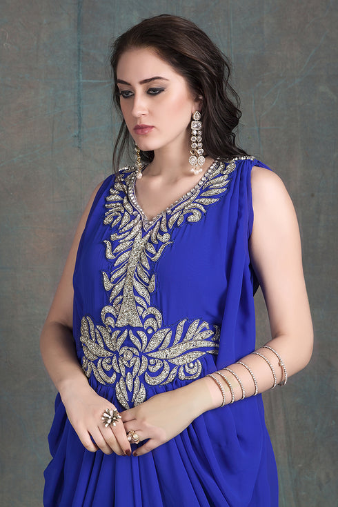 Blue sleeveless kaftan dress-georgette hand beaded designer kaftan