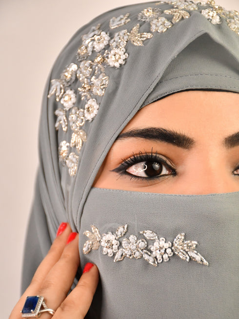 Grey luxury bridal wedding wear hijab scarf with handwork naqab