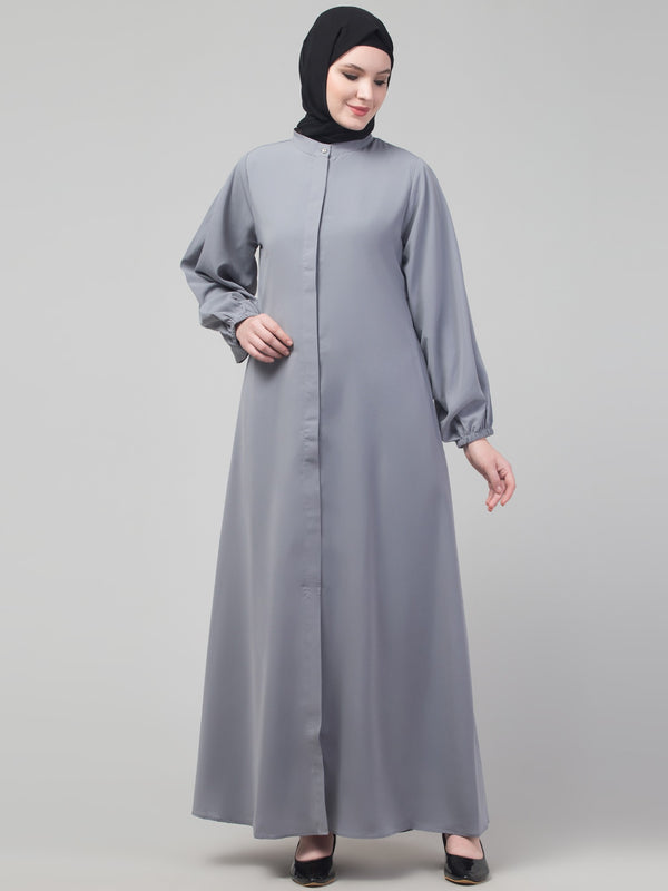 Modest Gray Nida A-Line Abaya with Balloon Sleeves
