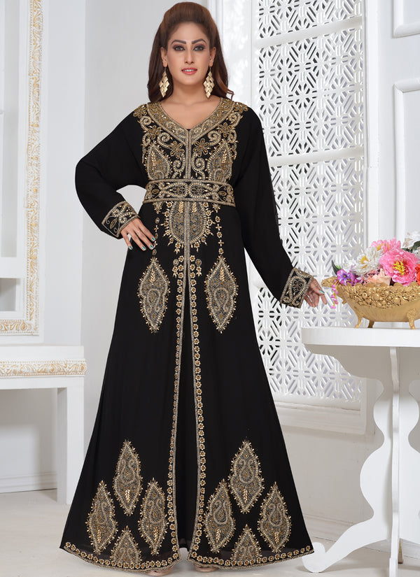 Black embroidered georgette islamic-kaftans with hijab