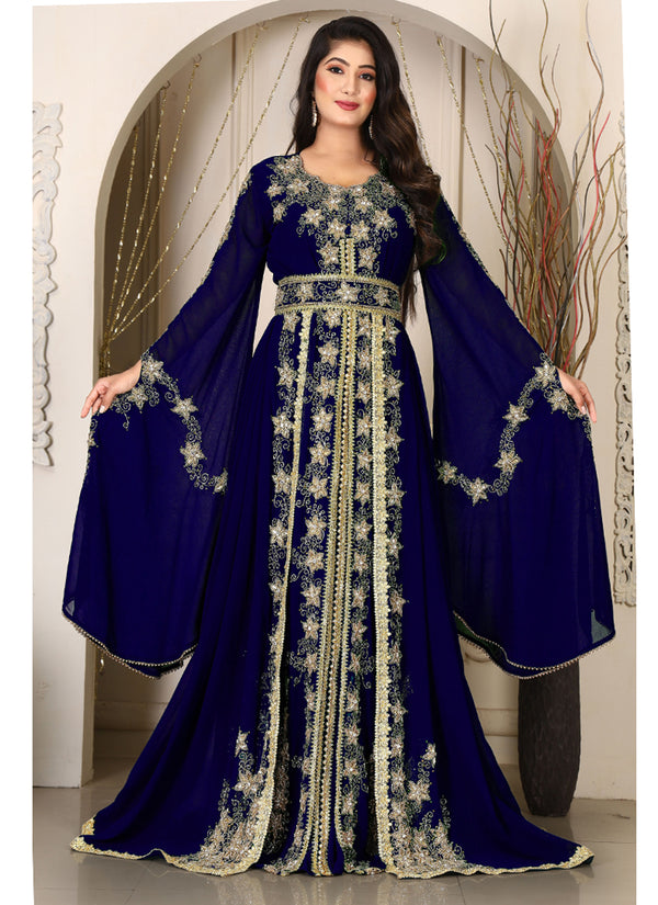 Darkblue islamic wedding designer arabic maxi hand beaded dubai ladies long sleeve moroccan arabic party wear kaftan