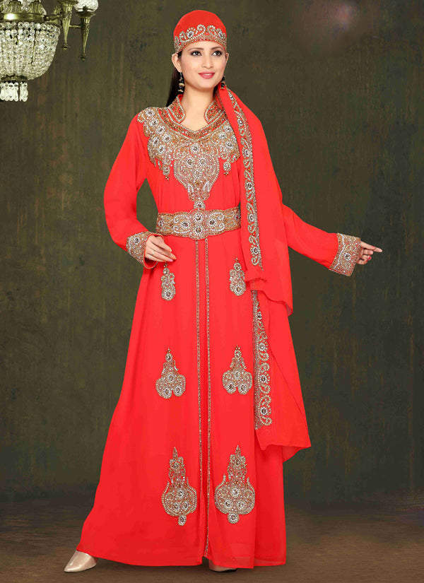 Red embroidered georgette islamic kaftan