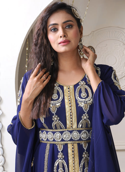 Women dark blue designer islamic moroccan style hand beaded wedding takchita kaftan