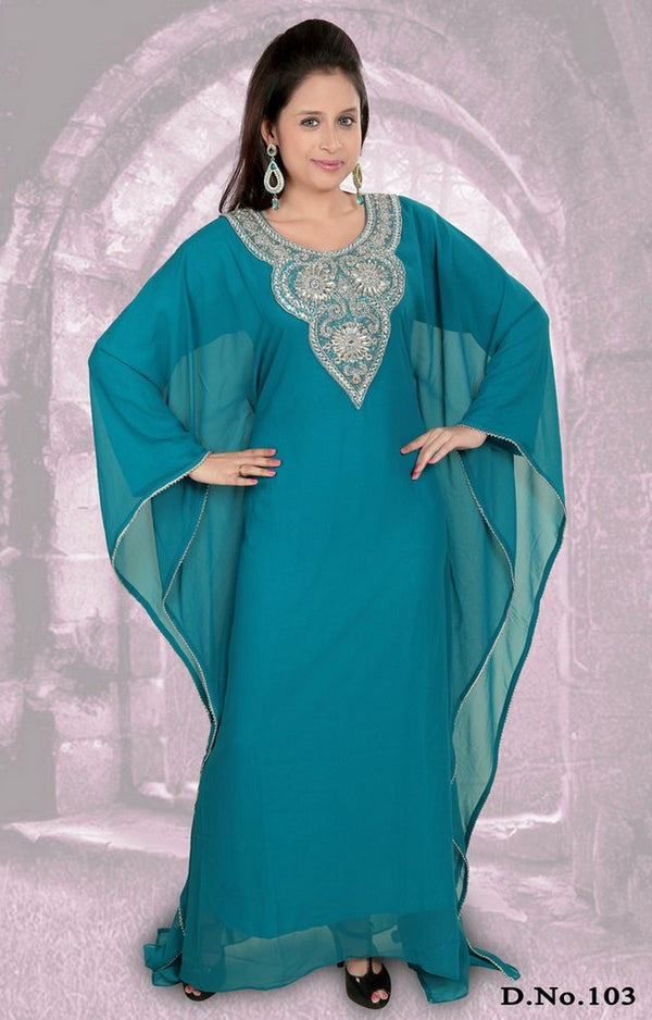 Teal-green embroidered georgette islamic-kaftans