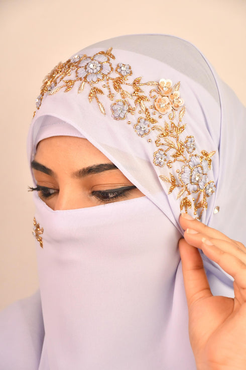 Lavender luxury bridal wedding wear hijab scarf with handwork naqab