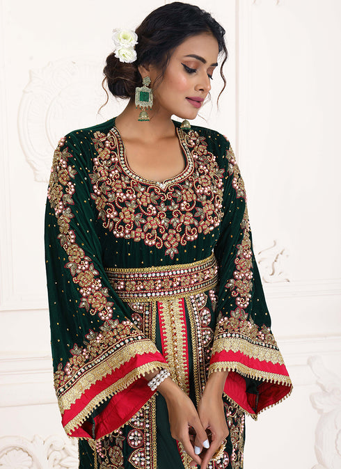 Dark green wedding moroccan kaftan islamic elegant dubai kaftan ladies long sleeve moroccan kaftan