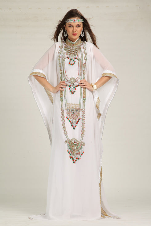 White designer islamic hand beaded takchita kaftan