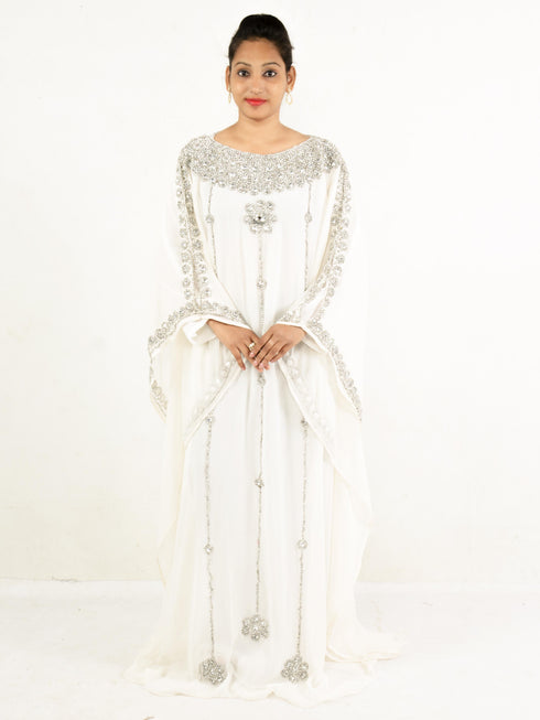 White Georgette Stone Work Kaftan Dress