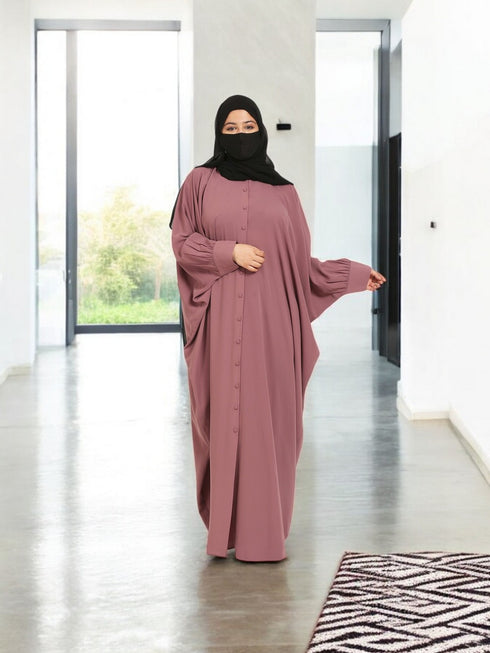 Pink front open kaftan abaya with matching buttons