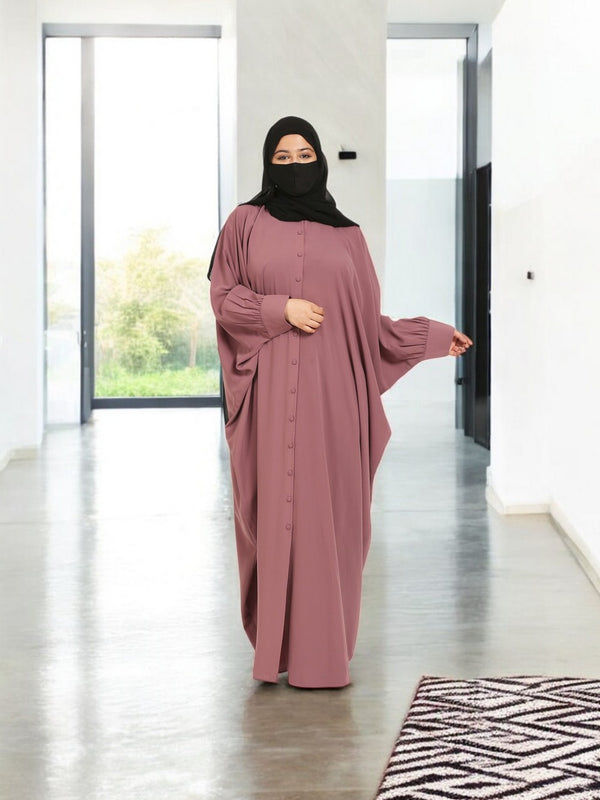 Pink front open kaftan abaya with matching buttons