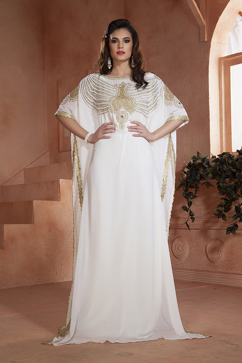 White georgette hand beaded designer kaftan