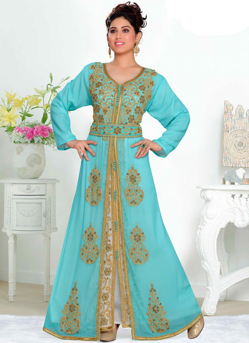 Sea-green embroidered georgette islamic kaftan With Sun-proof hijab.