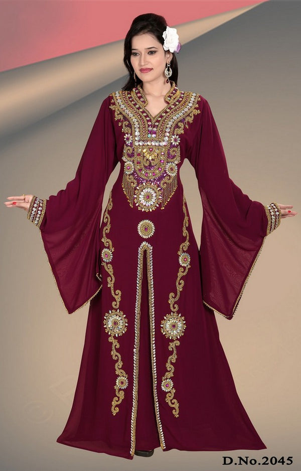 Magenta embroidered georgette islamic-kaftans