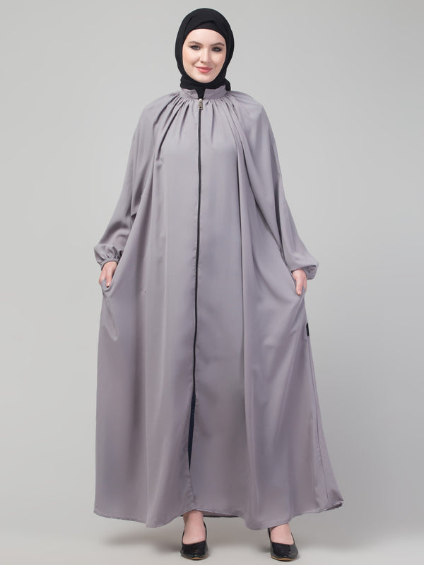 Light grey matt nida front zip elastic sleeve abaya with hijab